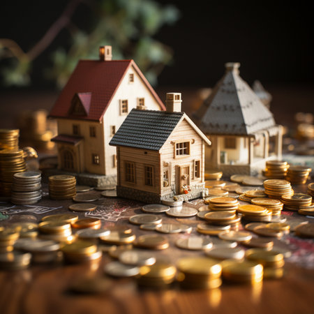Close-up of miniature houses placed on a surface covered with stacks of gold and silver coins, symbolizing real estate investment.の素材