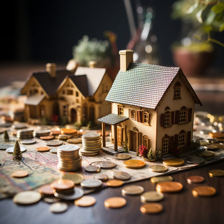 A miniature village and stacks of coins are displayed on a map, symbolizing real estate investment and financial planning.の素材