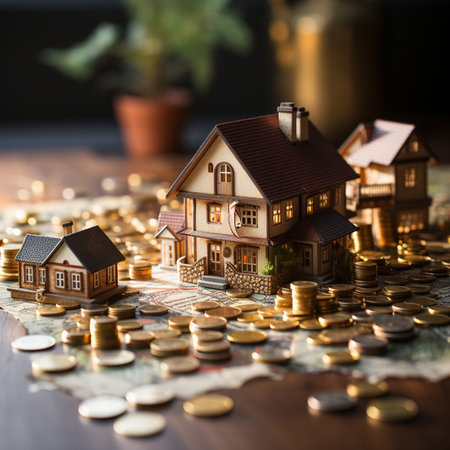 Miniature houses placed on stacks of coins and a map, symbolizing real estate investment and financial growth.の素材