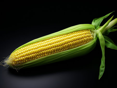 A close-up studio shot of a fresh, ripe ear of corn, its yellow kernels glistening, partially covered by vibrant green husks against a dark background.の素材