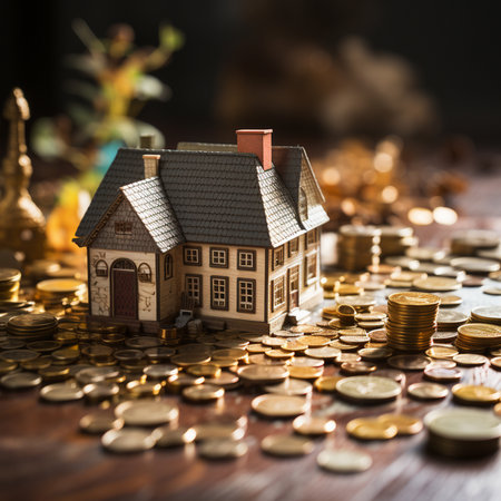 A detailed miniature house sits on a bed of shiny gold coins, symbolizing wealth and real estate investment.の素材