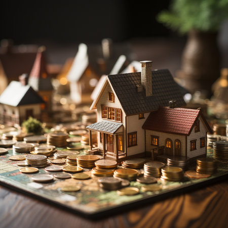 Miniature houses placed on stacks of coins, symbolizing property investment and financial growth in the real estate market.の素材
