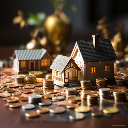 Small house models placed on a table covered with a large amount of scattered coins and stacks of currency.の素材