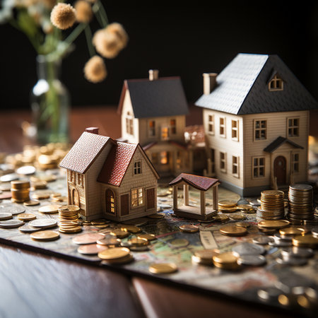 Miniature houses and stacks of gold coins placed on a map, symbolizing real estate investment and wealth.の素材