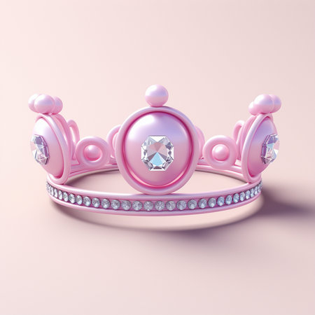 Crown with gemstones on pink background. 3D rendering.の素材