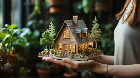 Woman holding house model in her hands. Real estate business and property conceptの素材