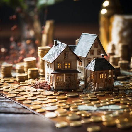 Miniature house with golden coins on a wooden table. Real estate concept.の素材