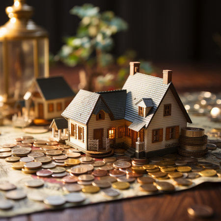 House model and coins on a wooden background. Real estate concept.の素材