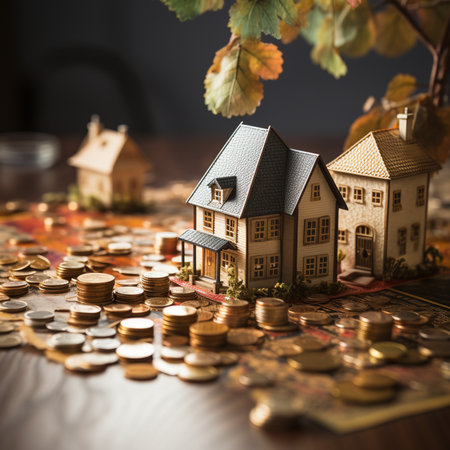 Miniature house and coins on the table. Real estate concept.の素材