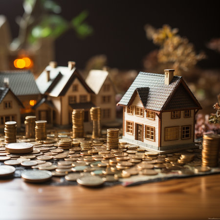 Miniature house and coins on a wooden table. Real estate concept.の素材