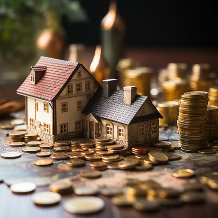 Miniature house and coins on the table. Real estate concept.の素材