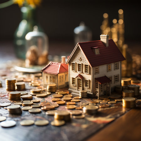 House model and coins on a wooden table. Real estate concept.の素材