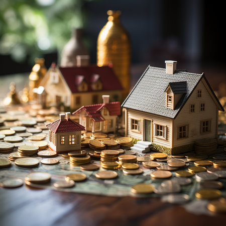 Miniature house and coins on the wooden table. Real estate concept.の素材