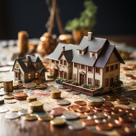 Miniature house and coins on the table.Real estate concept.の素材