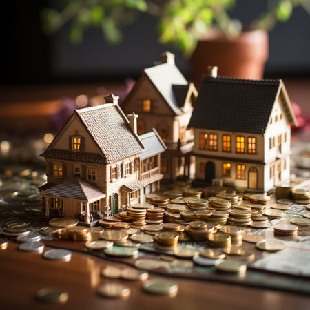Miniature house and coins on the table. Property investment concept.の素材