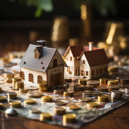 Miniature house and coins on a wooden table. Property investment concept.の素材