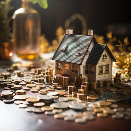 Miniature house with gold coins on dark background, real estate concept.の素材