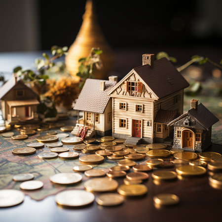 Miniature house and coins on a wooden table. The concept of real estate.の素材