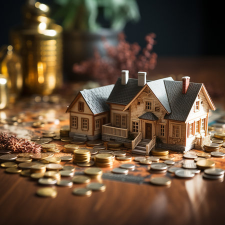 Real estate concept. House model and coins on a wooden table.の素材