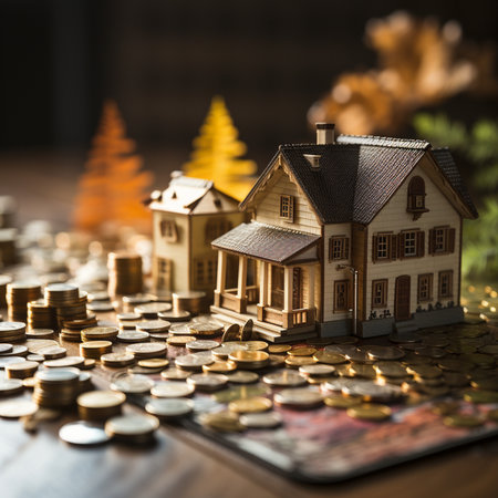 Miniature house and coins on a wooden table with christmas treeの素材