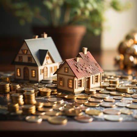 Miniature house and coins on a table. Real estate concept.の素材