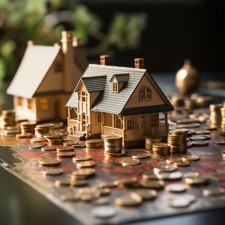 Miniature house on coins. Real estate concept. Selective focus.の素材