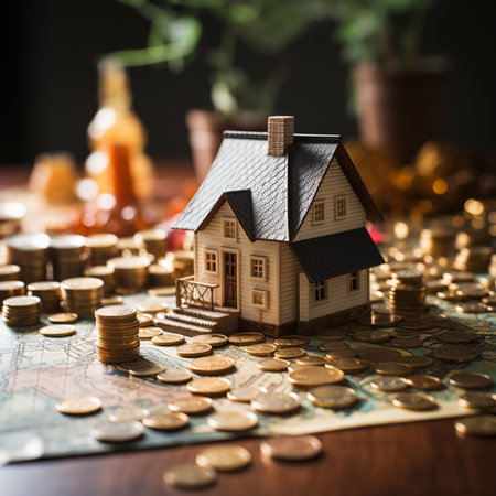 Miniature house with coins on the background of the map. Mortgage concept.の素材
