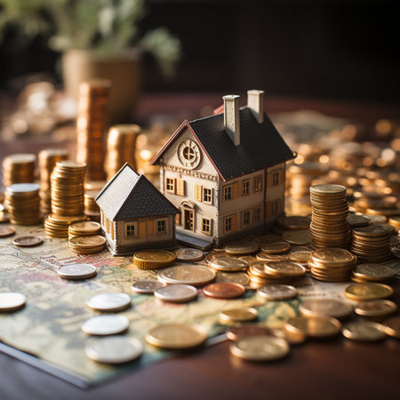 House model and coins on the background of the map. Real estate business concept.の素材