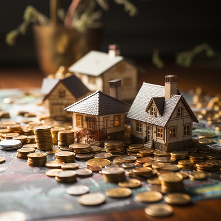 Miniature house and gold coins on the table, real estate conceptの素材