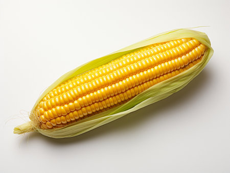 Fresh corn on the cob on a white background, close-upの素材