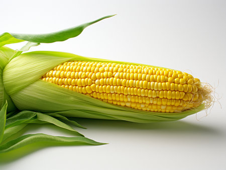 Fresh corn on the cob with leaves on a white background, close upの素材