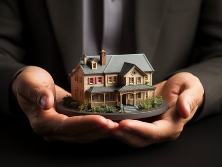 Real estate agent holding a model of a house in his hands.の素材