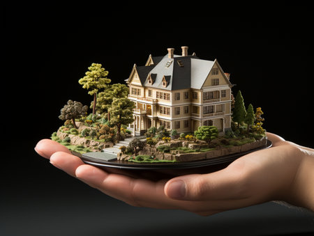 Mortgage concept by house from model in human hand on dark backgroundの素材