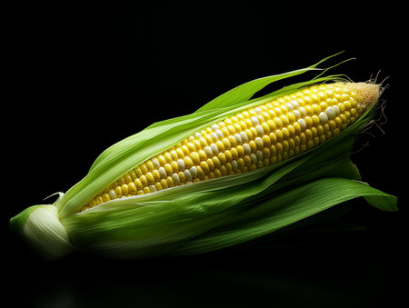 Fresh corn on the cob on a black background. Studio photography.の素材