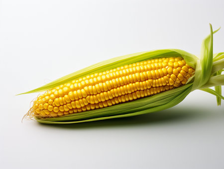 Fresh corn on the cob on a white background. Selective focus.の素材