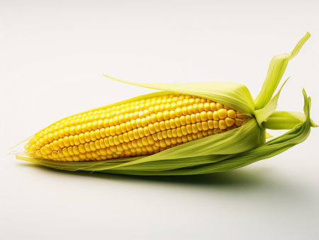 Fresh corn on the cob on a white background, close-upの素材