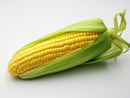 Fresh corn on the cob on a white background, close-upの素材