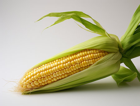 Fresh corn on the cob on a white background. Close up.の素材