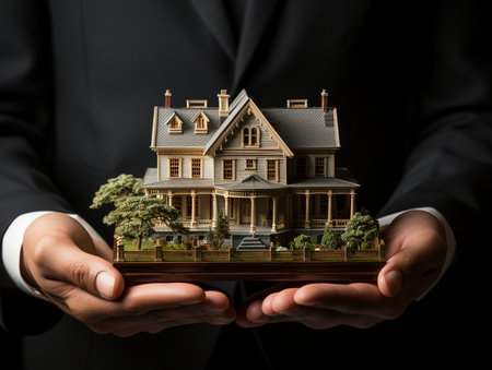 Real estate agent holding house model in his hands, close-upの素材