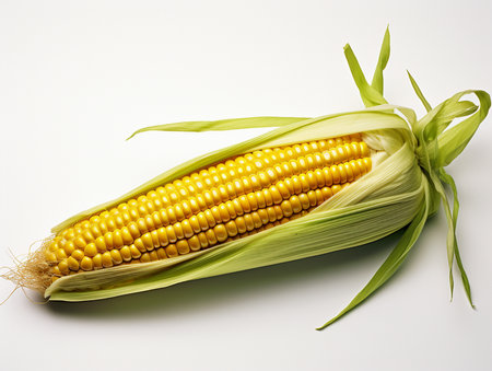 Fresh corn on the cob on a white background, close-upの素材