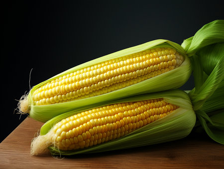 Fresh corn on the cob on a wooden board. Dark background.の素材