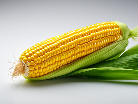 Fresh corn on the cob with leaves on a white background, close upの素材