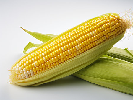 Fresh corn on the cob on a white background, close-upの素材