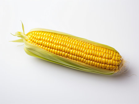 Fresh corn on the cob isolated on white background, top view.の素材