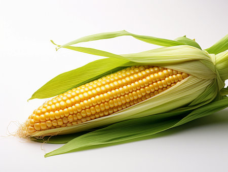 Fresh corn on the cob over white background. Shallow dof.の素材