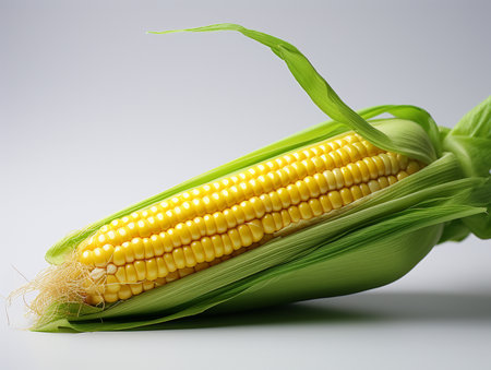 Fresh corn on the cob on a gray background, close-upの素材