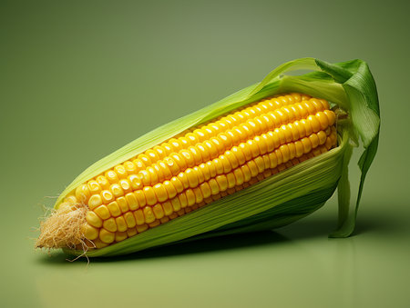 Fresh corn on the cob on a green background. Studio photography.の素材