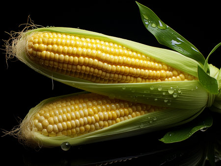 Fresh corn on the cob with water drops on a black background.の素材