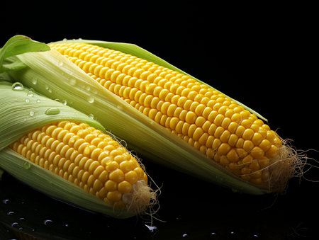 Fresh corn on the cob on a black background, close-upの素材