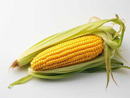 Fresh corn on the cob on a white background, close-upの素材